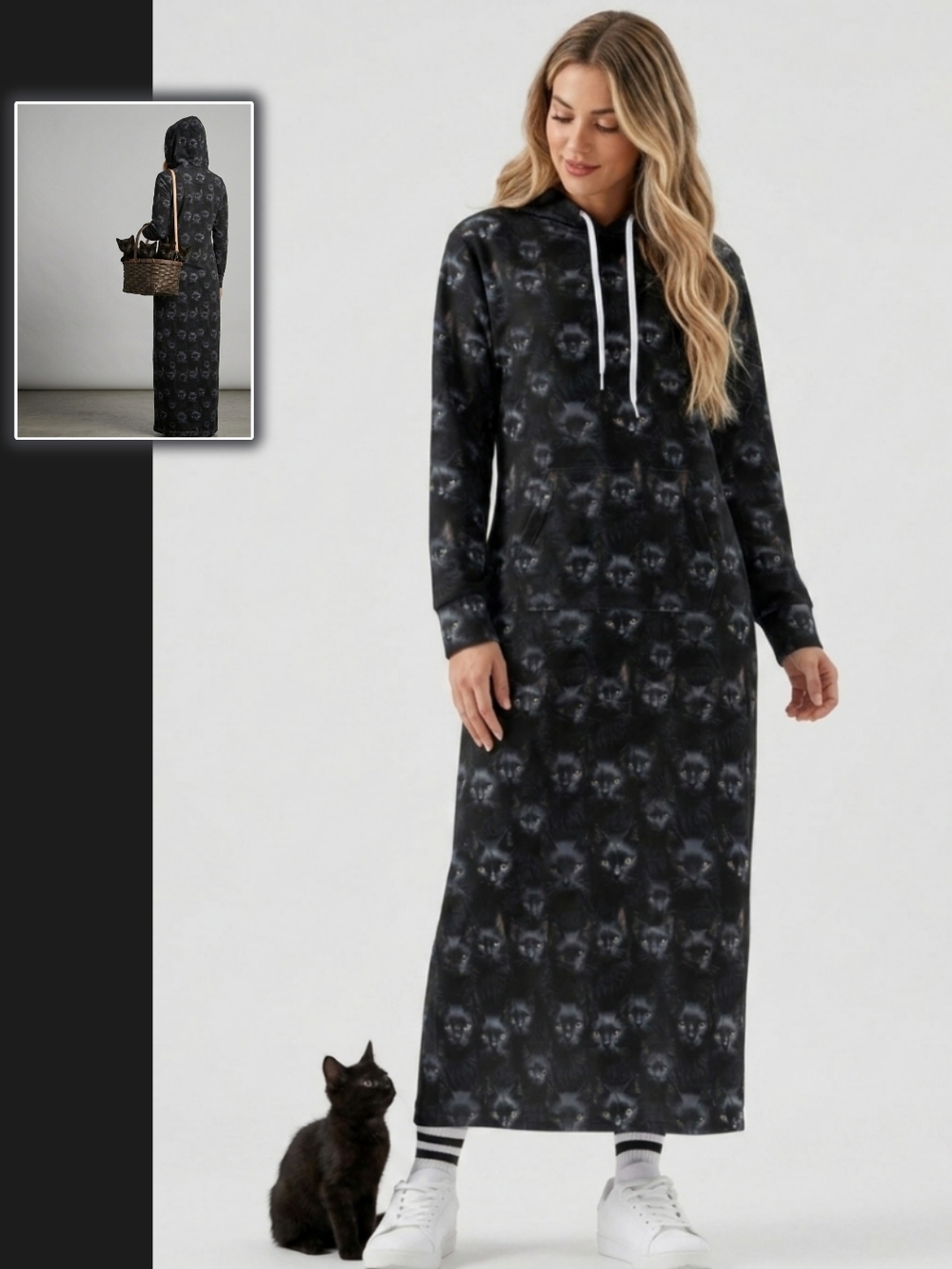Black Cat-Print Hoodie Maxi Dress Long Vtg Cat Theme